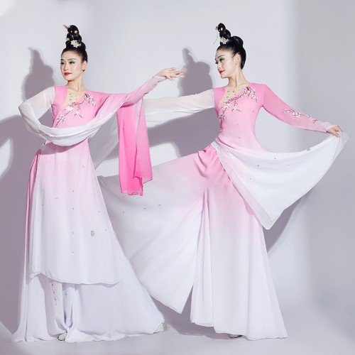 Chinese Hanfu Fairy Dresses Pink Gradient Taoli Cup Classical Dance Lotus Award Group Dance Costume Women's Flowing Water Sleeve Art Test Umbrella Dance Performance suit